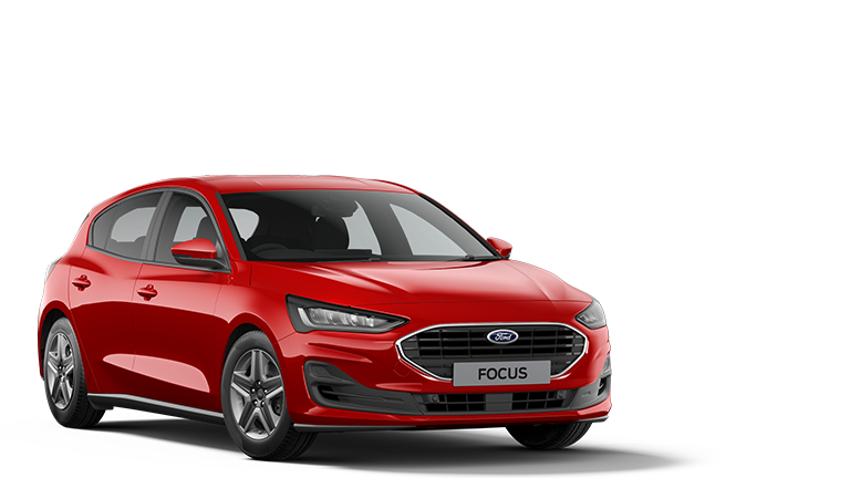 Vooraanzicht van een rode Ford Focus