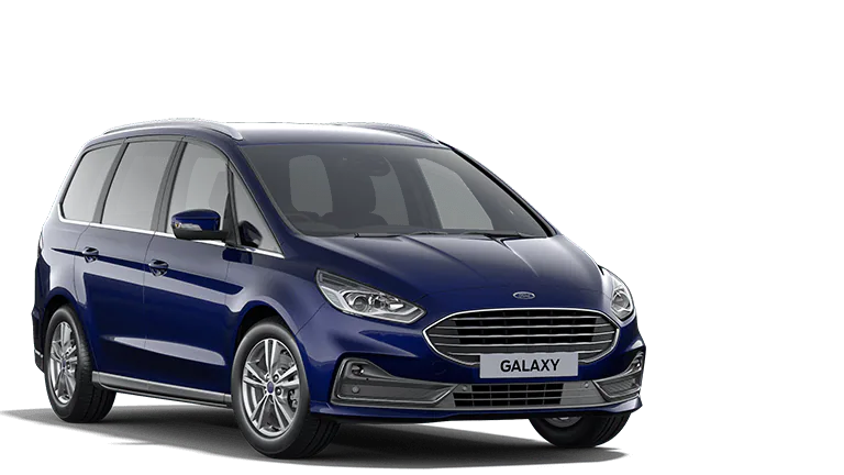Vooraanzicht van een blauwe Ford Galaxy