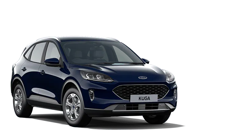 Vooraanzicht van een blauwe Ford Kuga