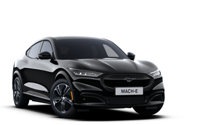 Vooraanzicht van een zwarte Ford Mustang Mach-E