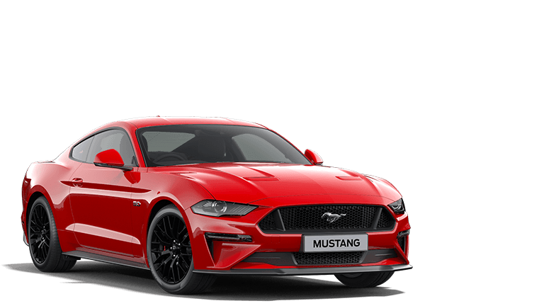 Vooraanzicht van een rode Ford Mustang