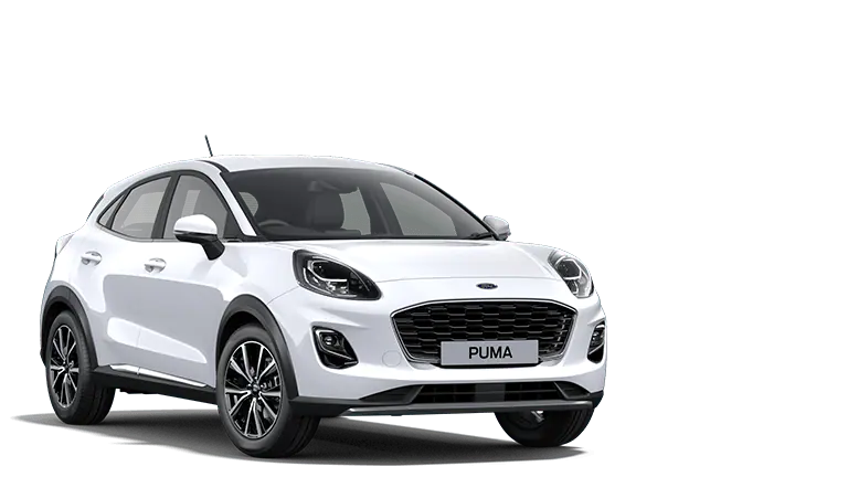 Vooraanzicht van een witte Ford Puma