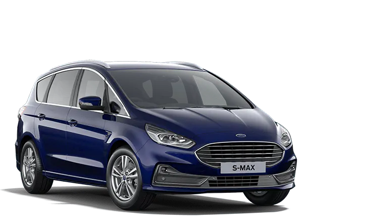 Vooraanzicht van een blauwe Ford S-MAX
