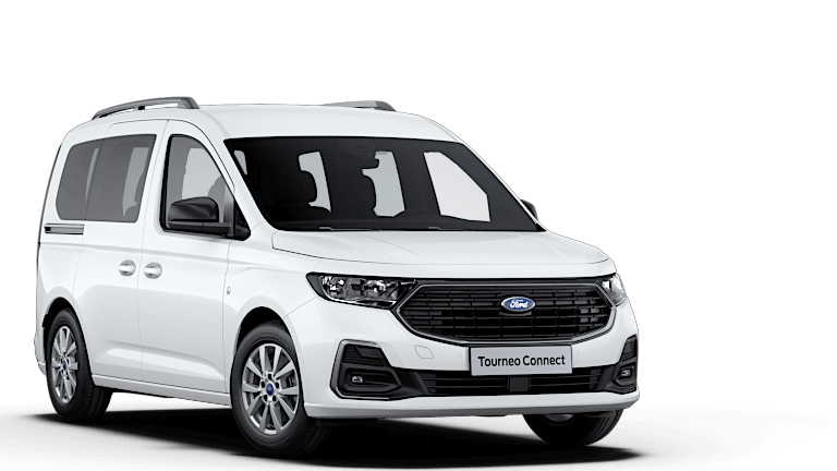 Vooraanzicht van een witte Ford Tourneo Connect