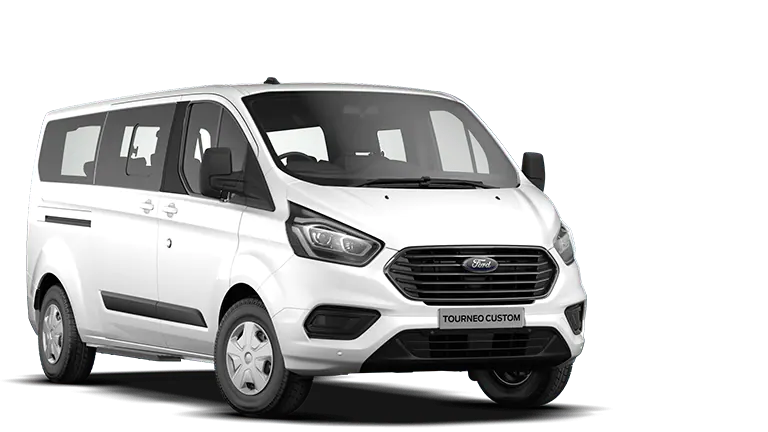 Vooraanzicht van een witte Ford Tourneo Custom