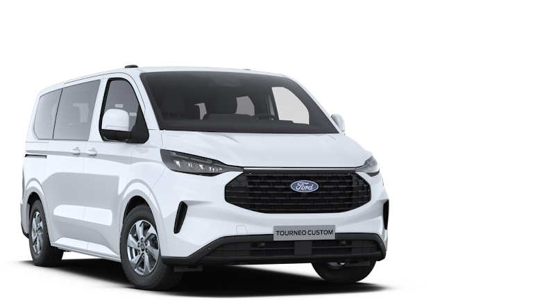 Vooraanzicht van een grijze Ford Transit Custom
