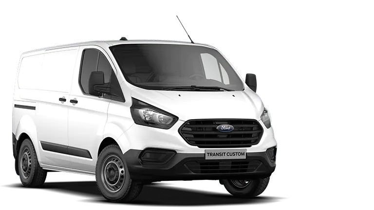Vooraanzicht van een witte Ford Transit Custom