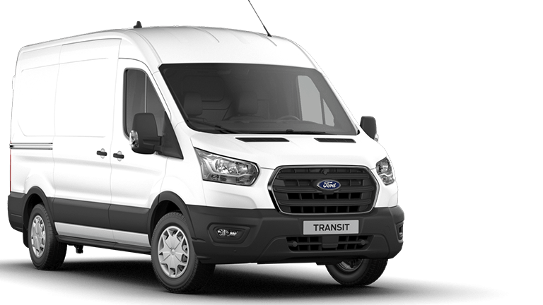Vooraanzicht van een witte Ford Transit