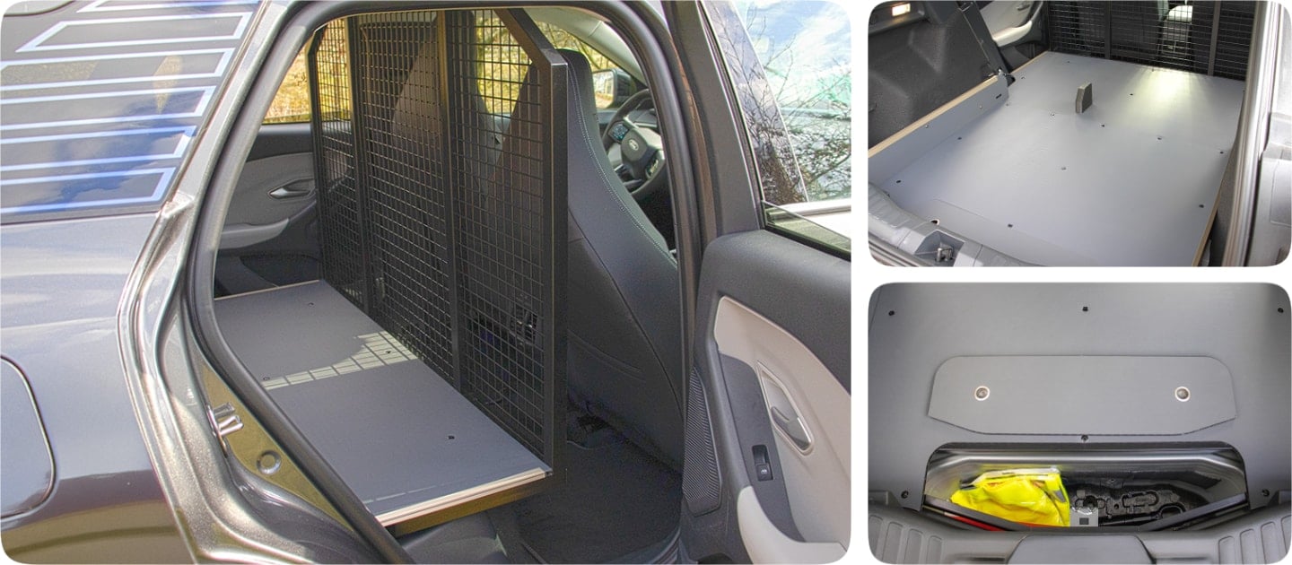 Collage van een Ford Explorer met een laadruimtegrille, een vlakke laadvloer en een verborgen compartiment in de laadruimte.