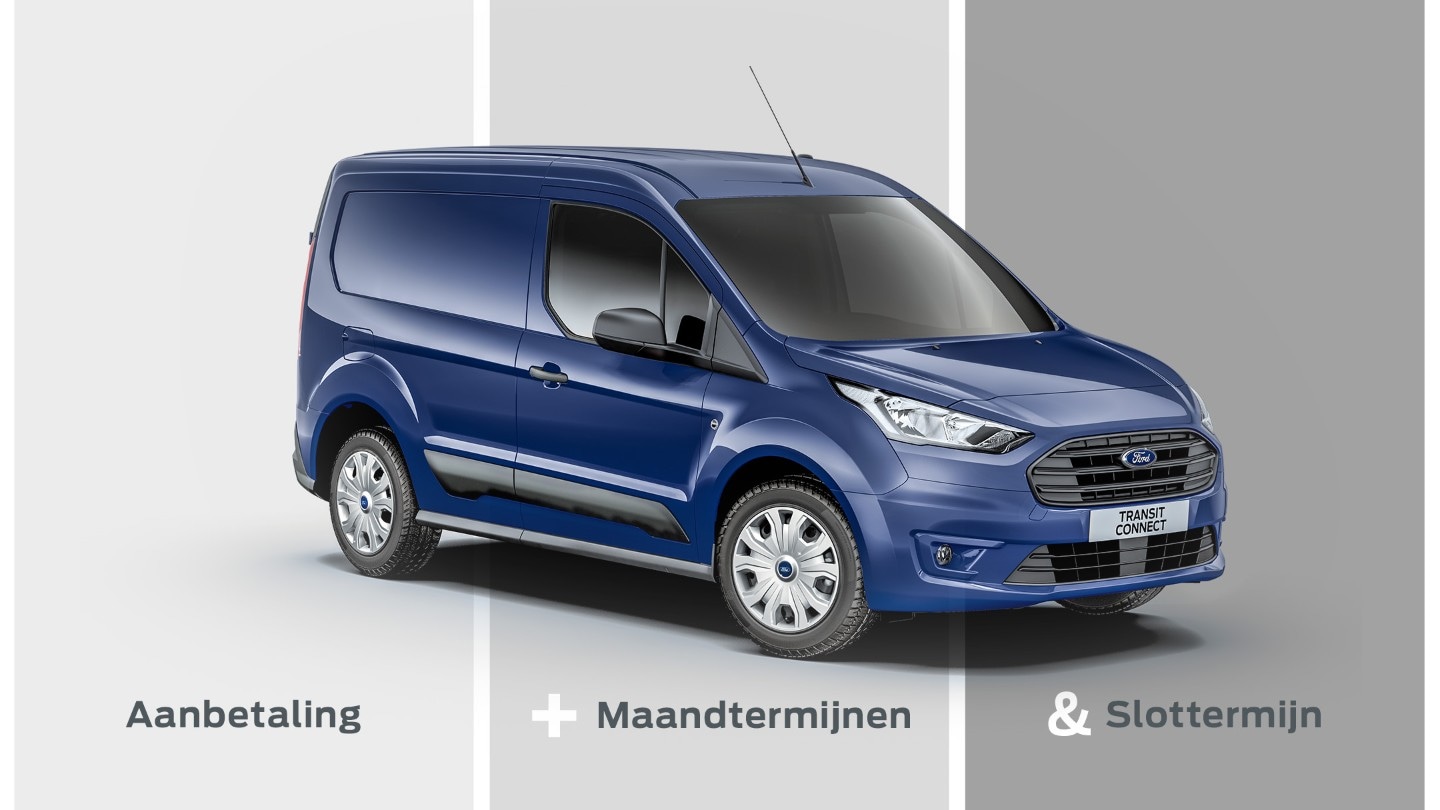Image of blue Transit Connect split into three sections - advance rental, monthly rentals, return vehicle to ford lease