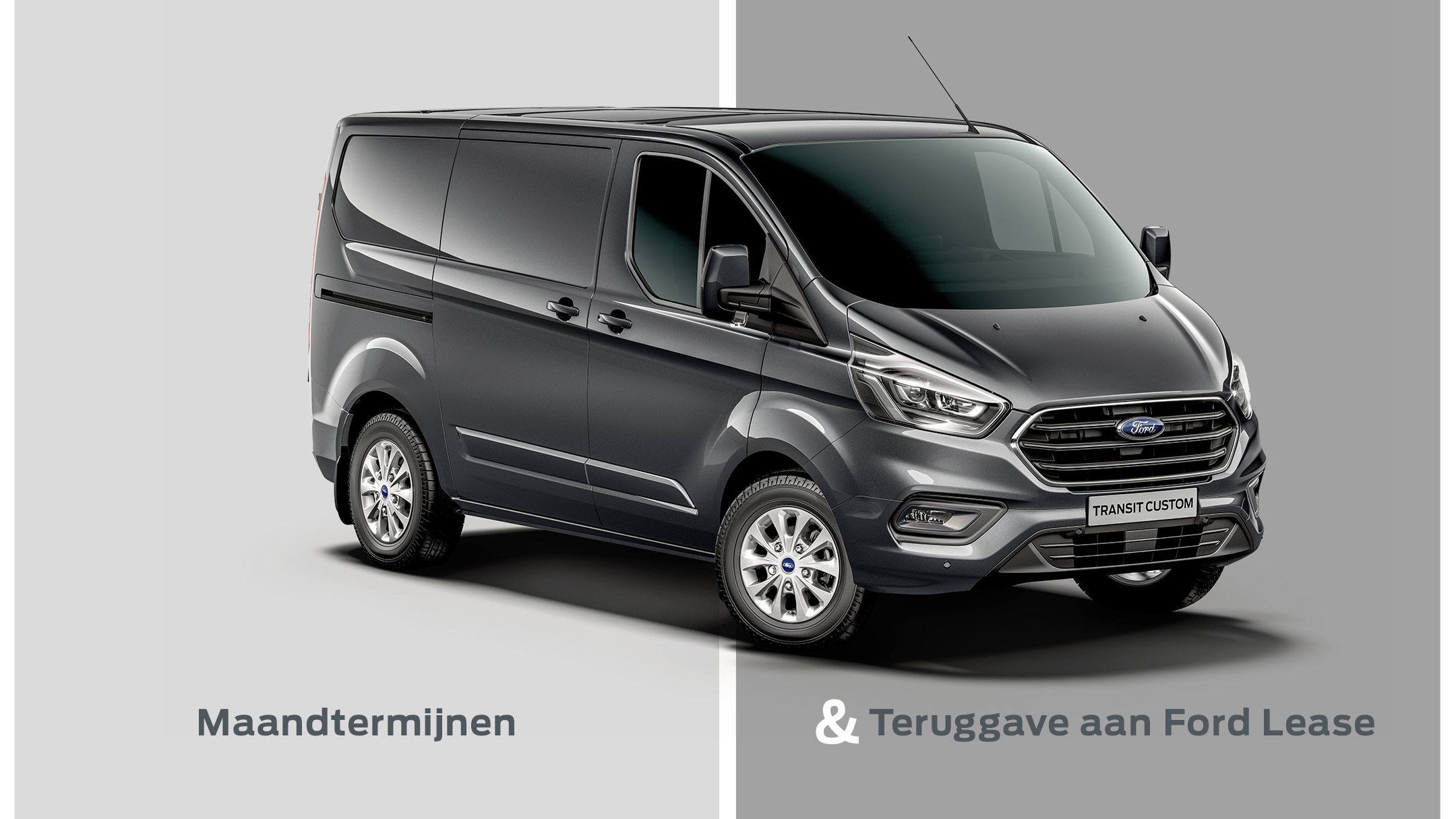 Image of black Transit Custom split into two sections - advance rental, return vehicle to ford lease
