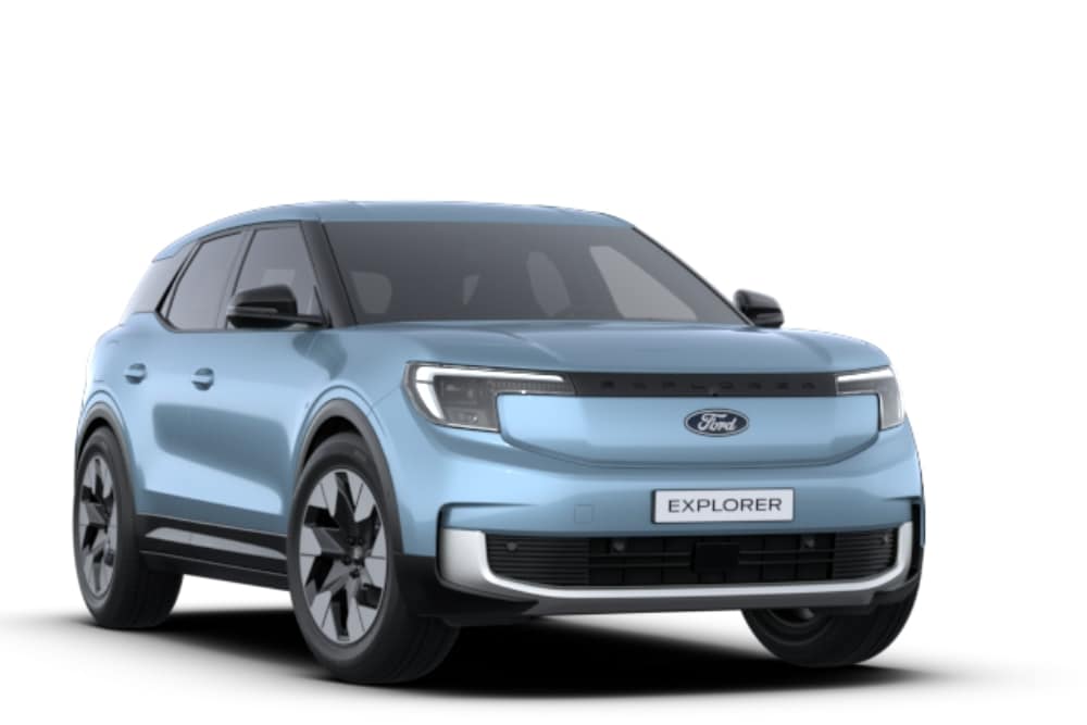 Vooraanzicht van een lichtblauwe Ford Explorer