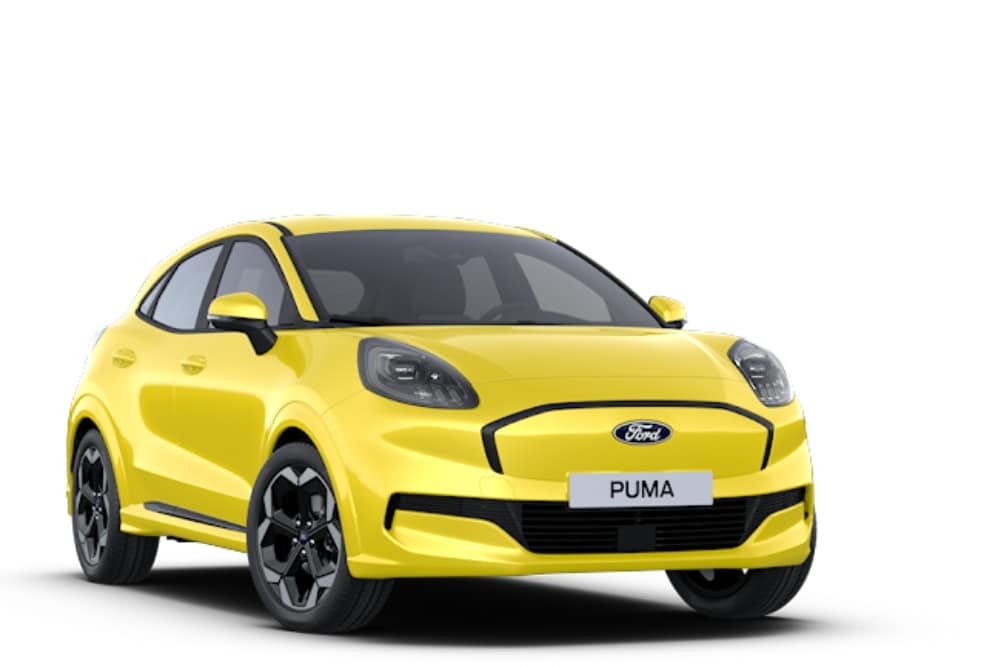 Vooraanzicht van een gele Ford Puma Gen-E