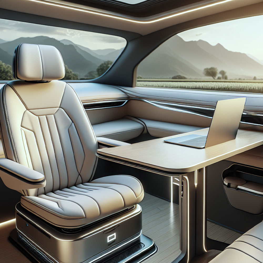 Auto-interieur met draaibare stoel en bureau.