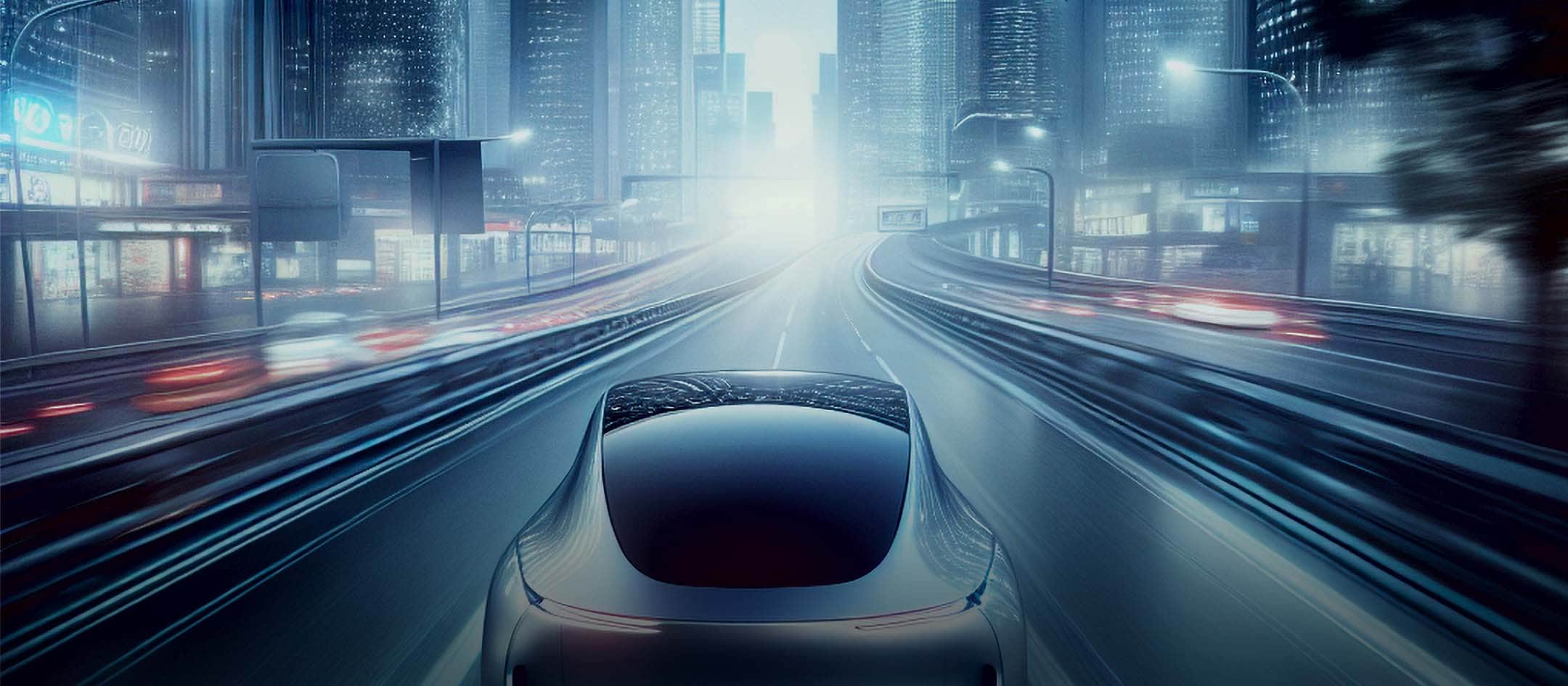 Futuristisch voertuig dat 's nachts op een stedelijke snelweg rijdt.