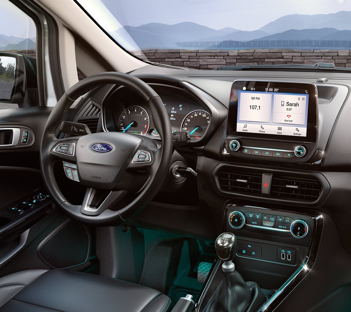 Het stuur en het dashboard van de Ford EcoSport Active