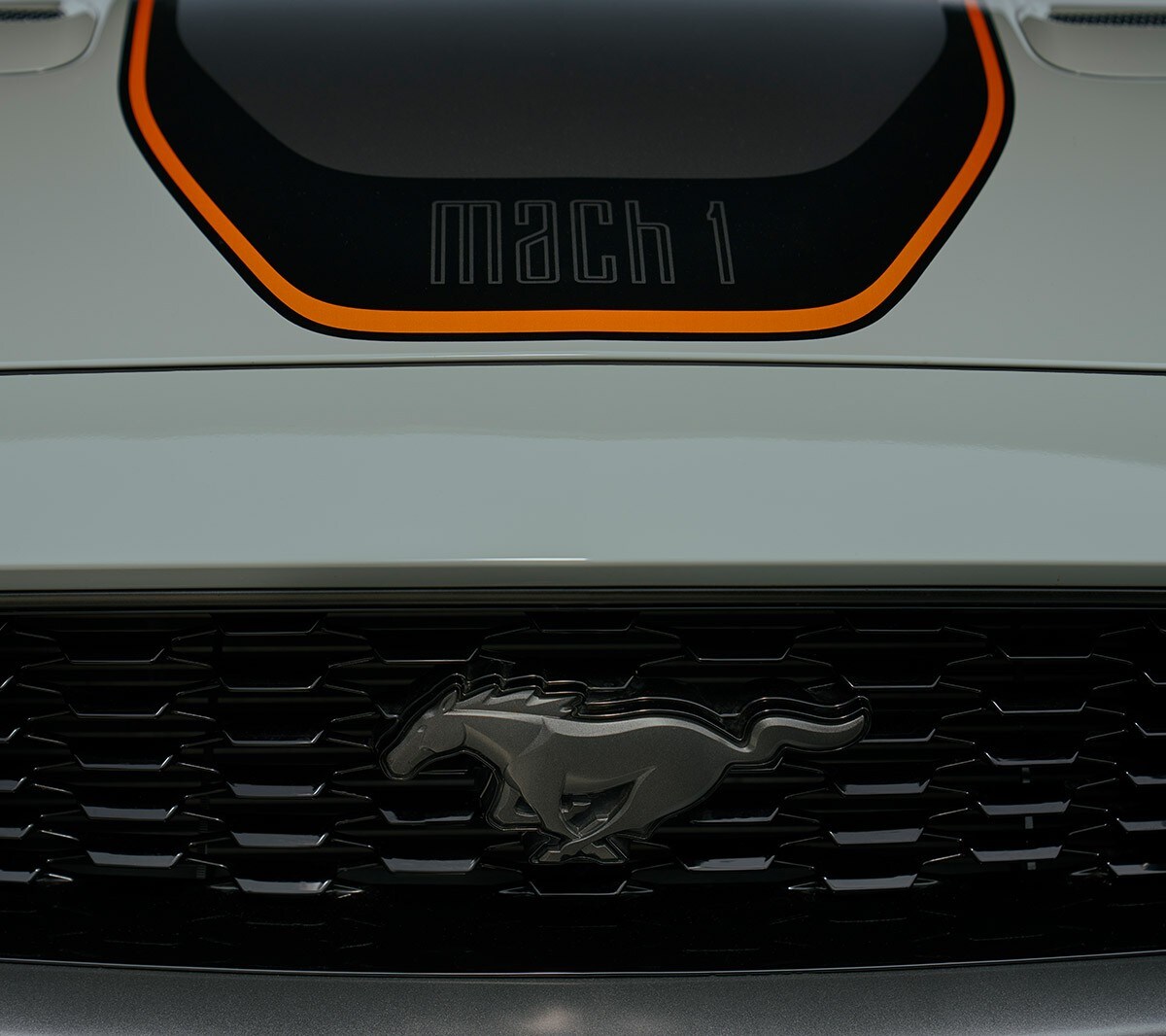 De pony badge op de grille van de Mustang Mach-1 