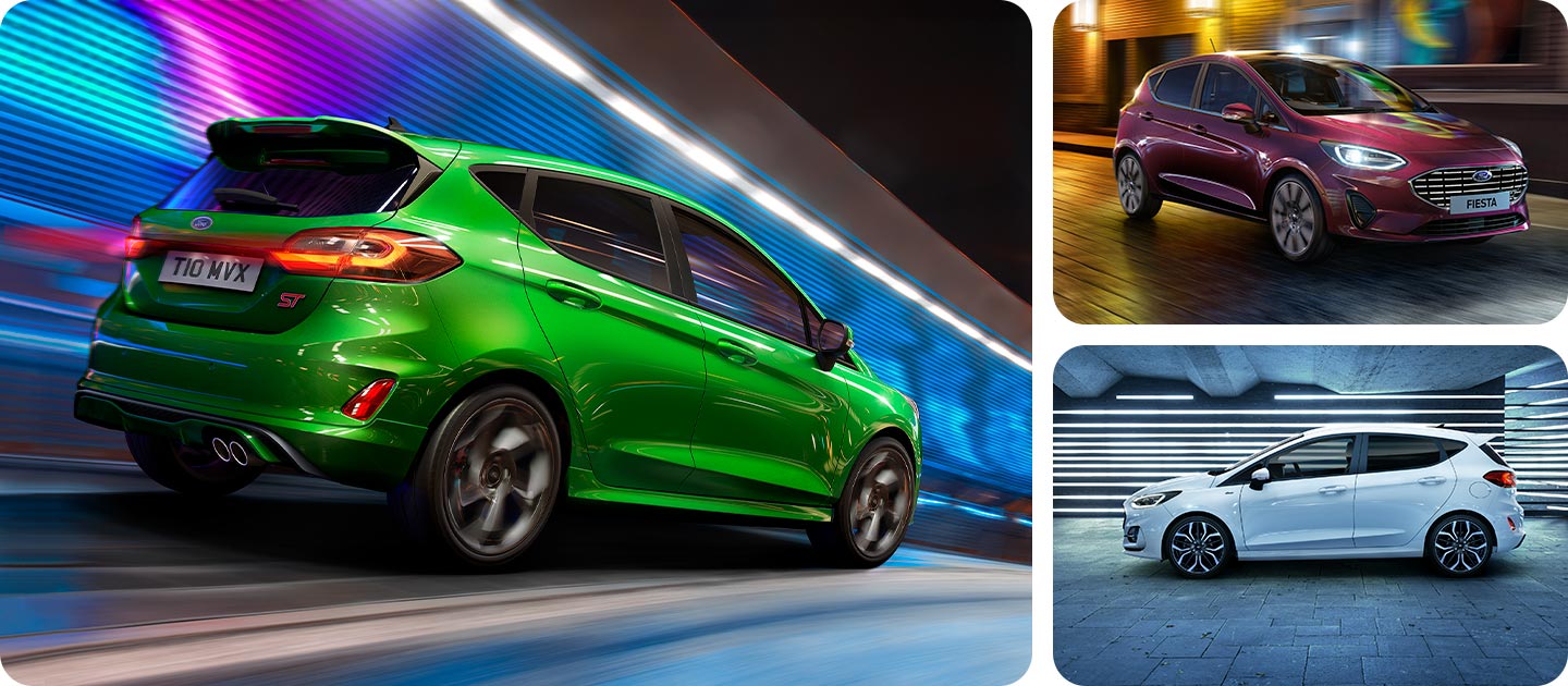 Gridfoto: links een groene Ford Fiesta ST‑Line, in het midden een zilveren Fiesta Active en rechts een rode Fiesta Titanium.