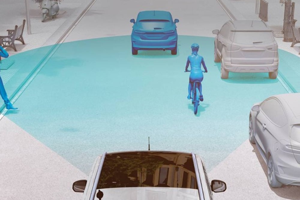 Grafische weergave van het Pre-Collision Assist systeem in werking