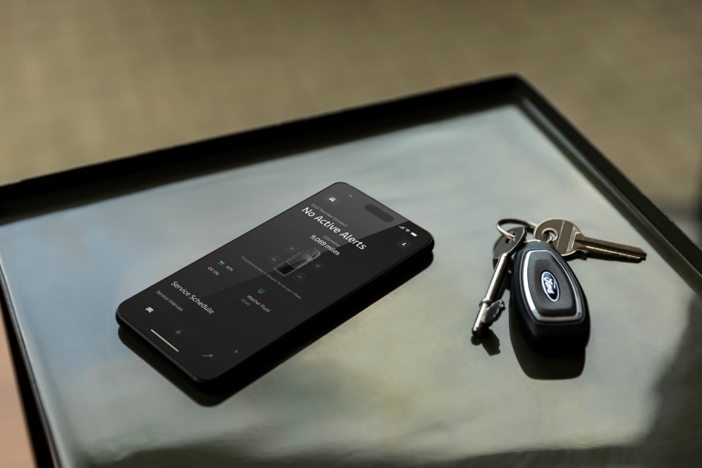 Hand met een mobiele telefoon waarop de Ford-app te zien is