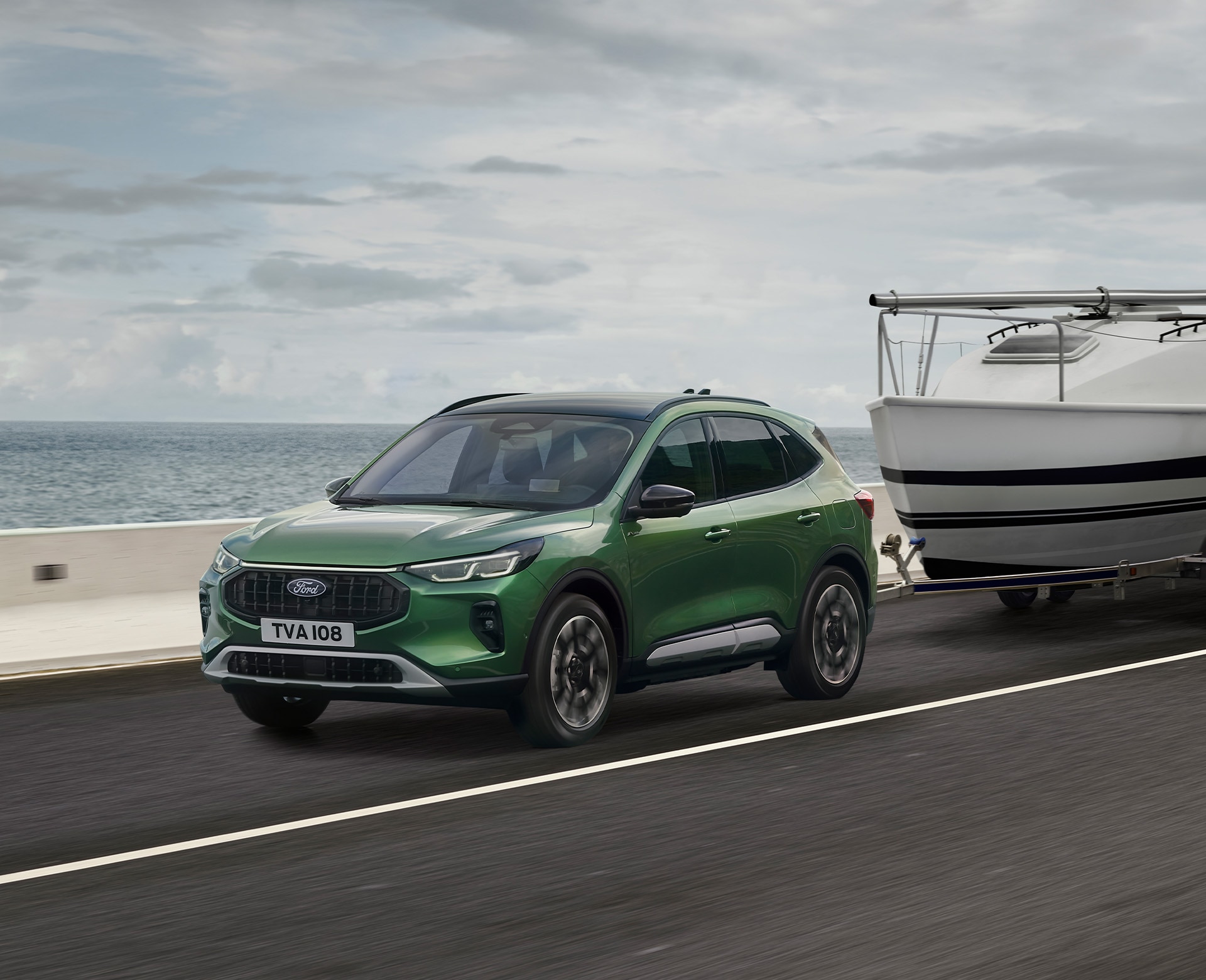 New Ford Kuga towing a boat front view
