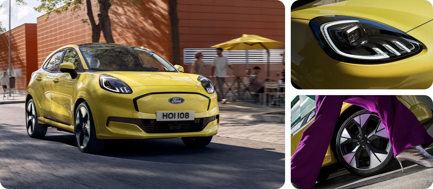 Fotoraster met de gele Ford Puma Gen-E®, met close-ups van de koplampen en stijlvolle lichtmetalen velgen.