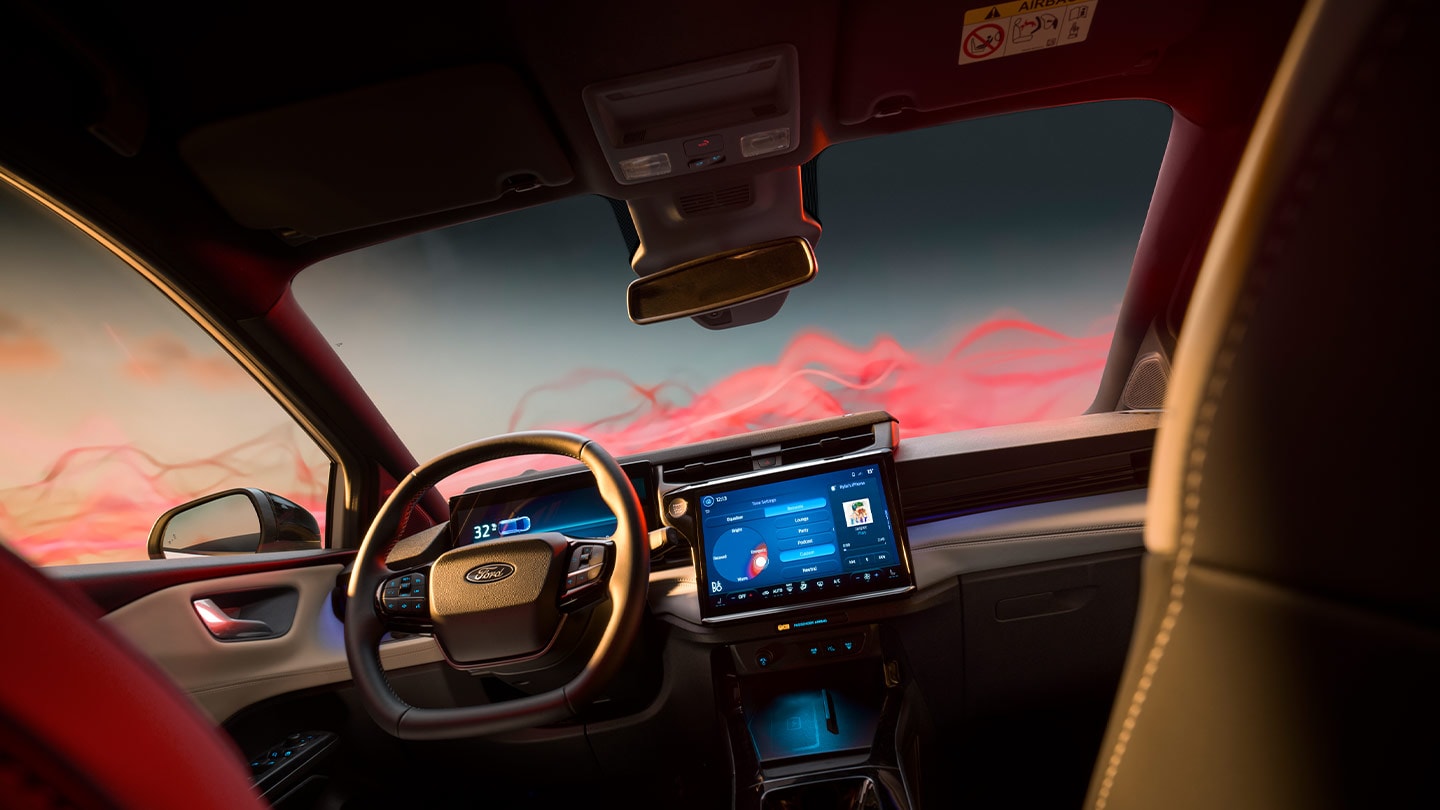 Het interieur van de Ford Puma Sound Edition met het stuur en het infotainmentscherm.