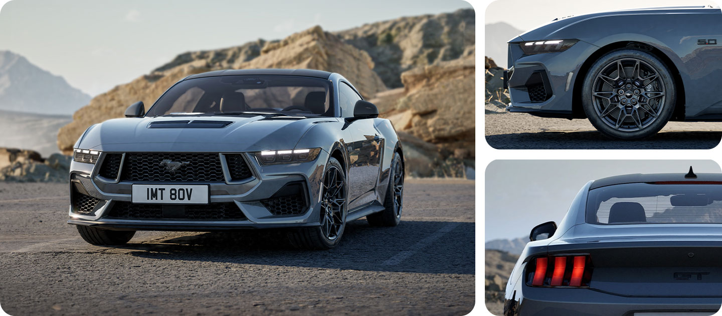 Drie foto’s in een raster met een grijze Ford Mustang GT Nite Pony Coupe op een bergweg