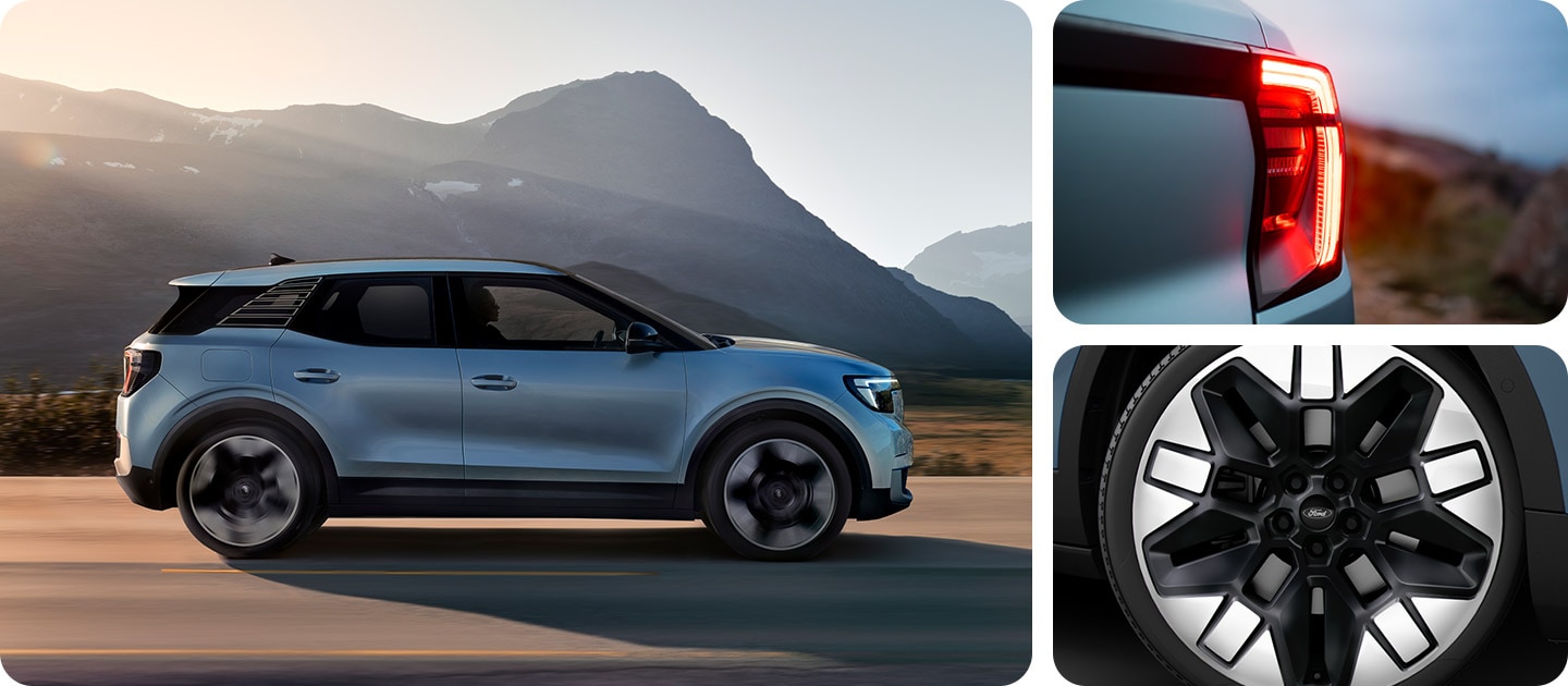 A photo grid showing a blue Ford Explorer driving on a mountain road, with a close-up of the rear lights and alloy wheels.