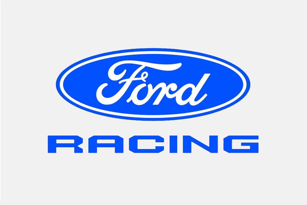 Het officiële Ford Racing-logo op een witte achtergrond.