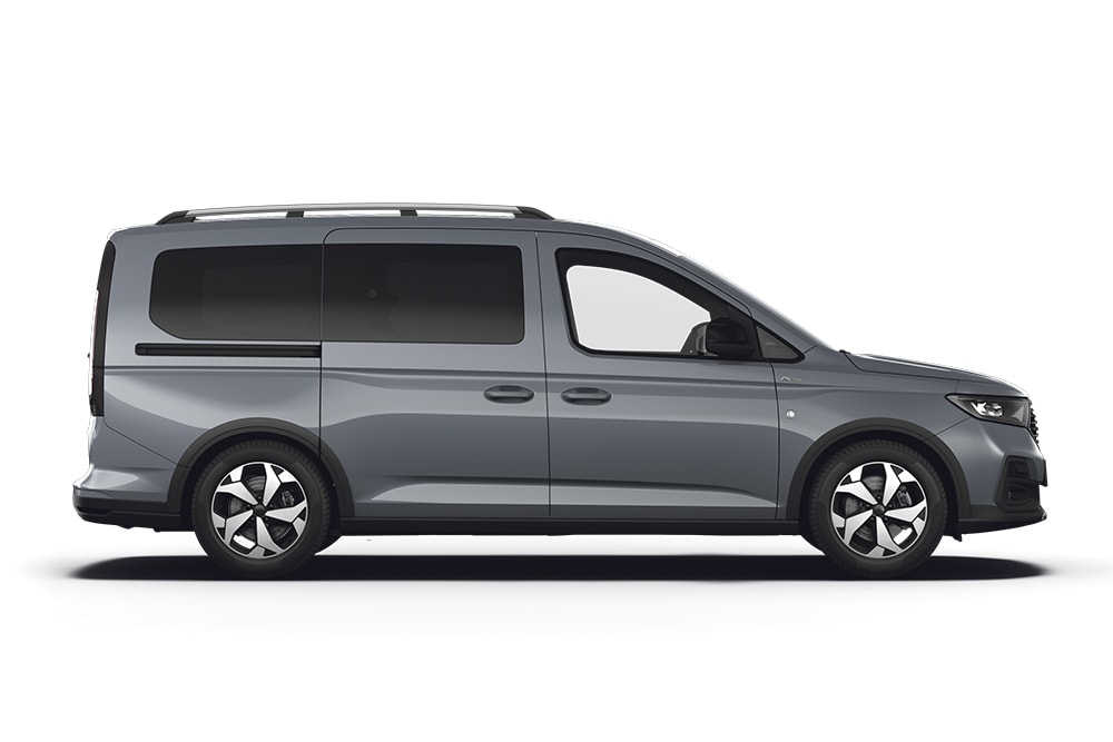 Een grijze Ford Tourneo Connect, onderdeel van het assortiment MPV's en minivans van Ford.
