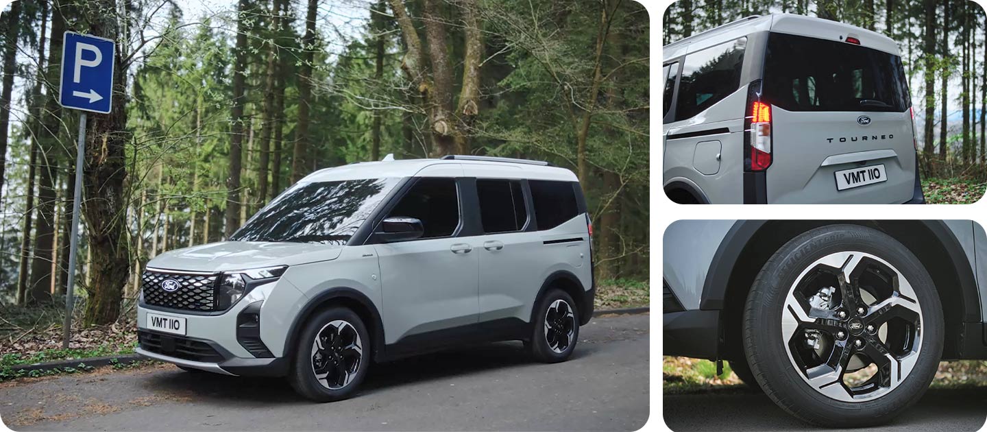 Ford E-Tourneo Courier op een bosweg, van links gezien