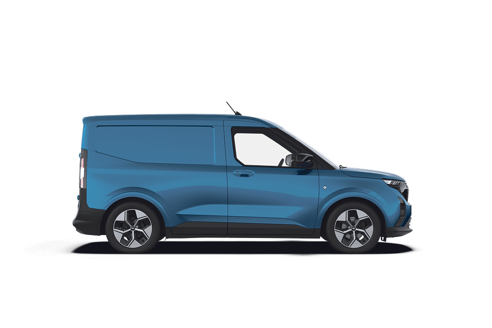 Zijaanzicht van een Ford E-Transit Courier