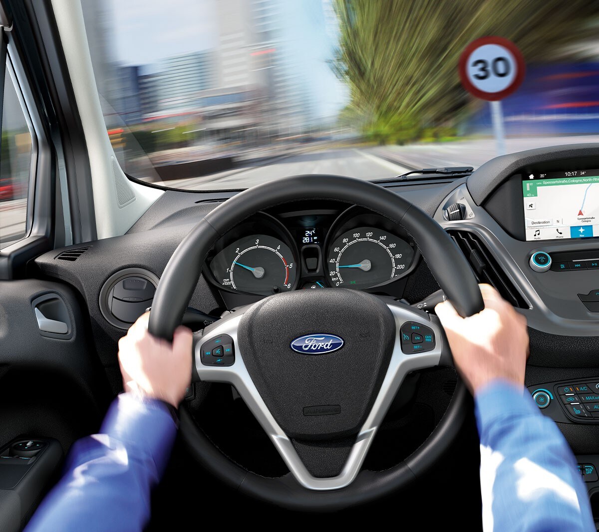 Zijaanzicht van het interieur van de Ford Transit Courier