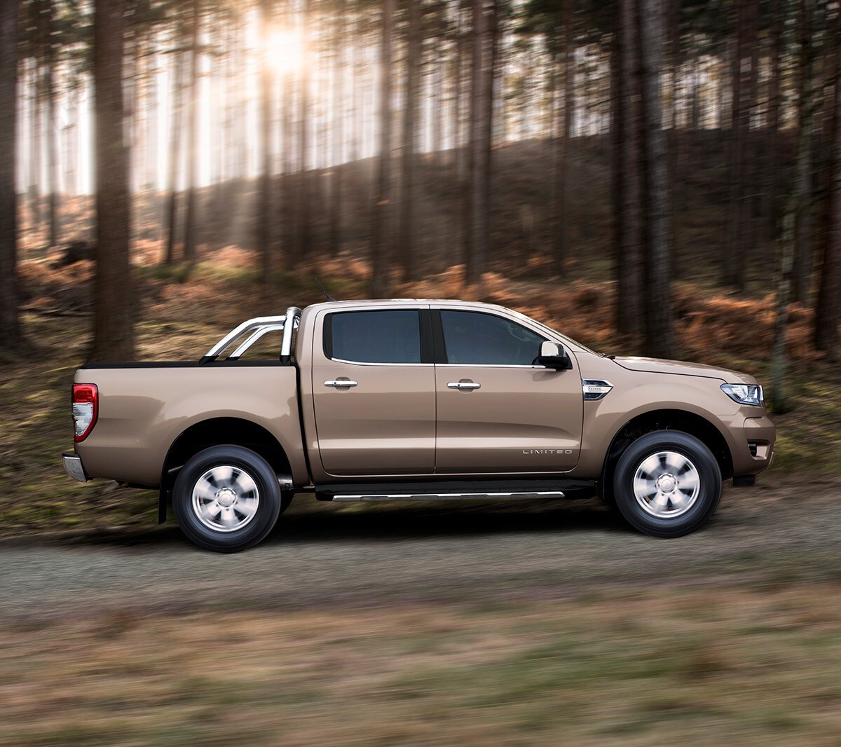 Zilverkleurige Ford Ranger Wildtrak geparkeerd op bosweg, zijaanzicht