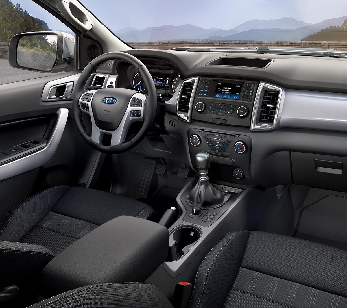 Interieur van de Ford Ranger Wildtrak, stoelen en dashboard