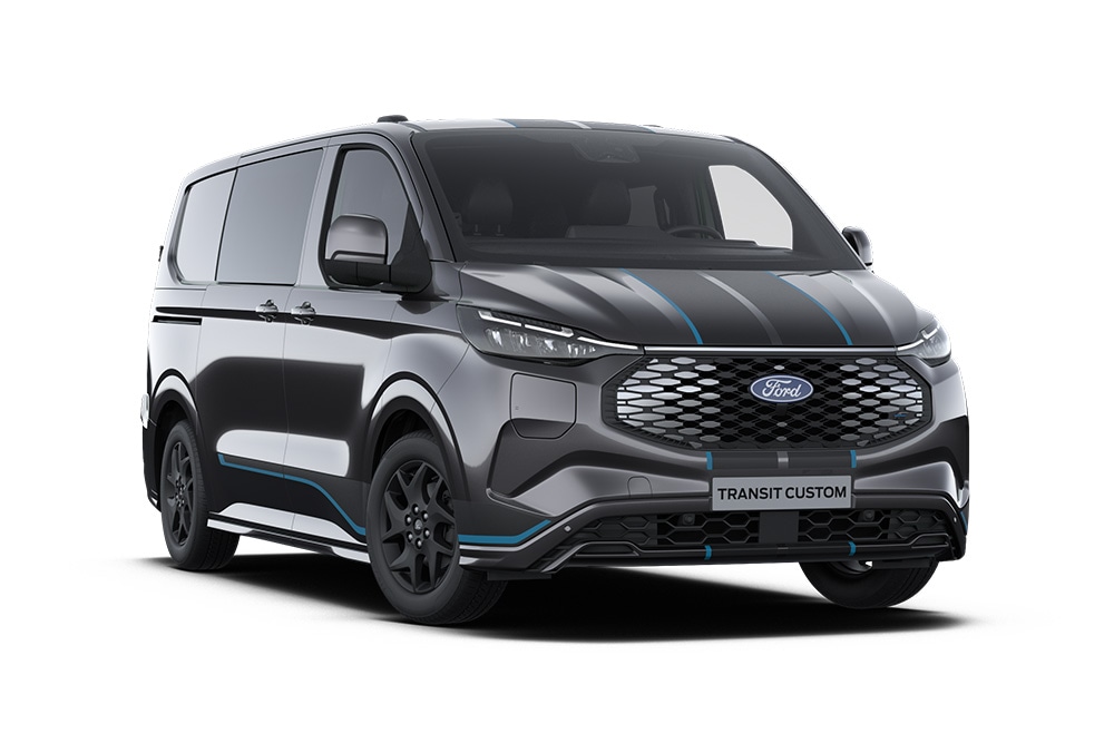 Donkergrijze Ford E-Transit Custom Sport-bestelwagen met dubbele cabine, vooraanzicht.