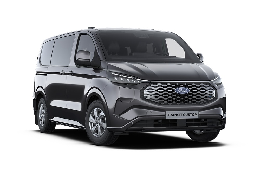 Donkergrijze Ford Transit Custom Limited Kombi-bestelwagen, vooraanzicht.