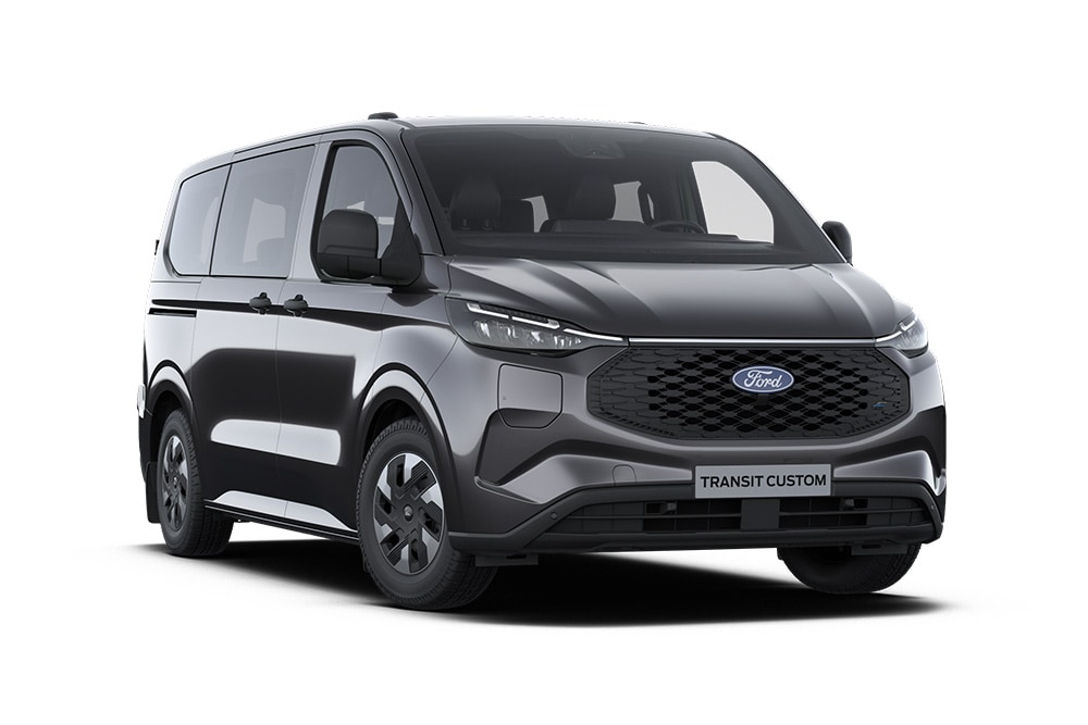 Donkergrijze Ford Transit Custom Leader Kombi-bestelwagen, vooraanzicht.