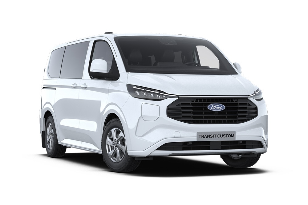 Witte Ford E-Transit Custom Kombi elektrische bestelbus, diagonaal vooraanzicht.