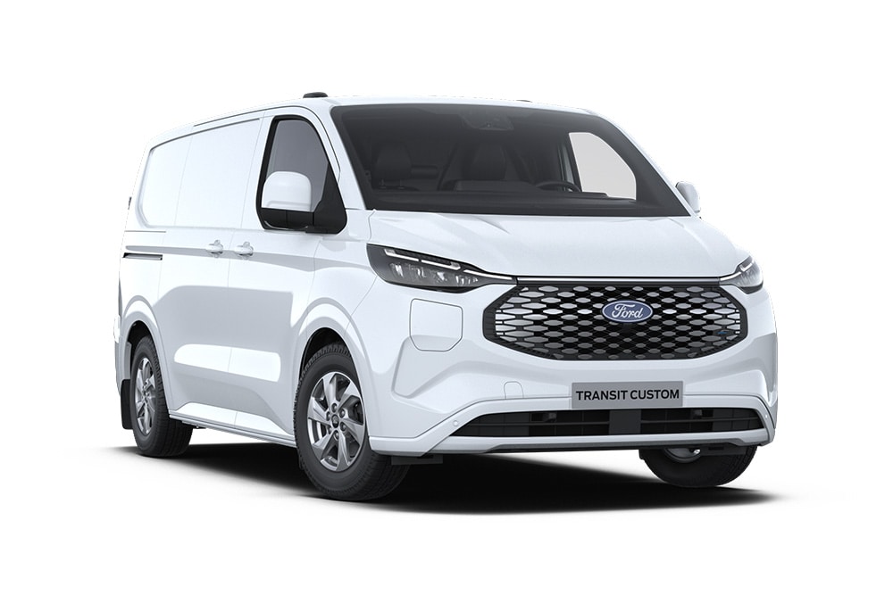 Witte Ford E-Transit Custom elektrische bestelbus, vooraanzicht.