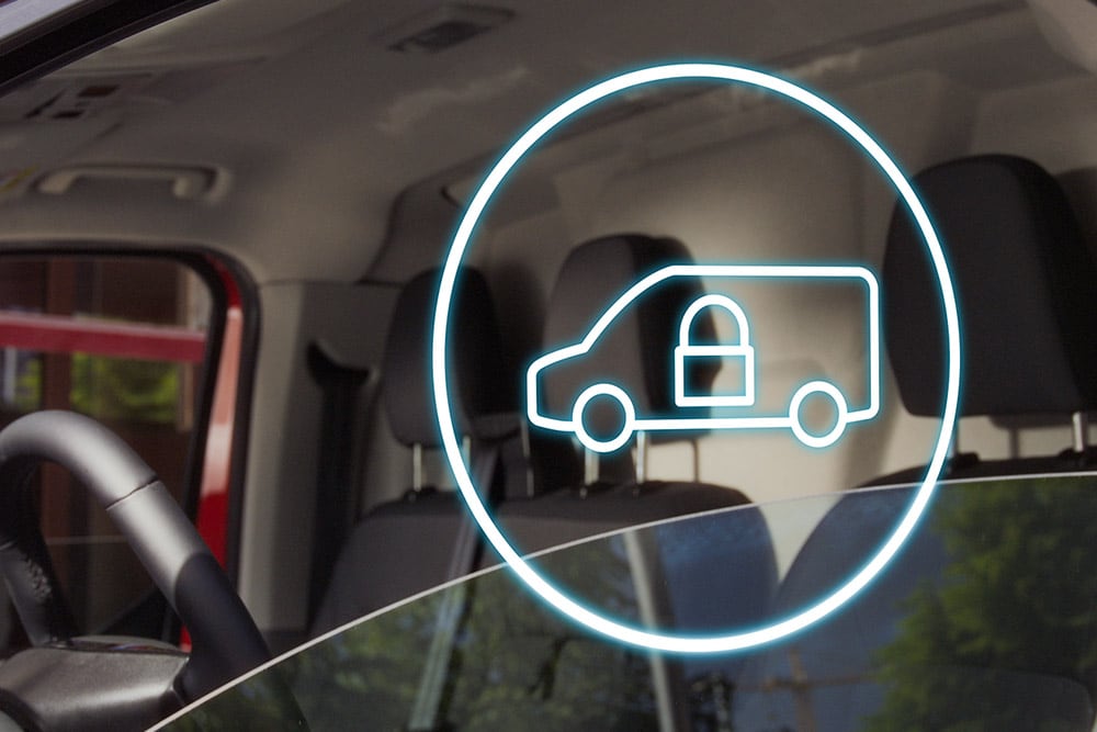 Pictogram van een afgesloten bestelwagen op de voorruit van een Ford E-Transit Custom.
