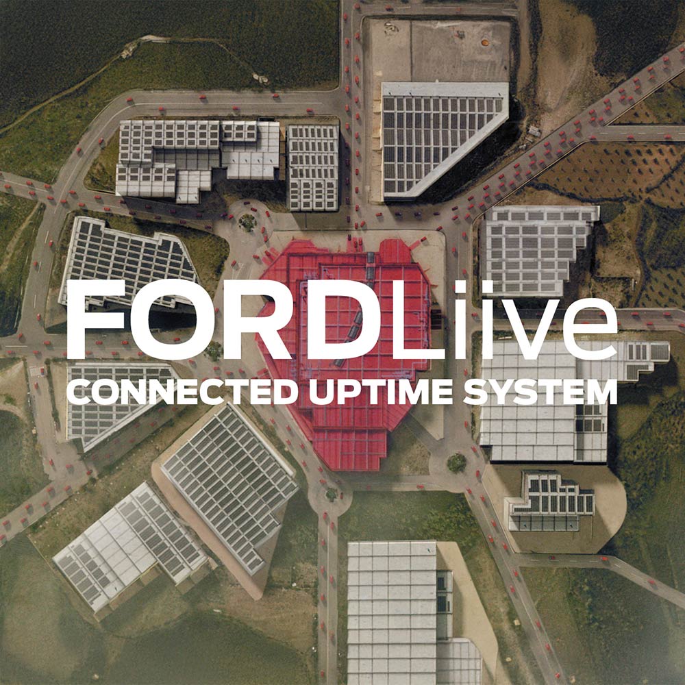 Luchtfoto van een vestiging met het FordLiive-logo.