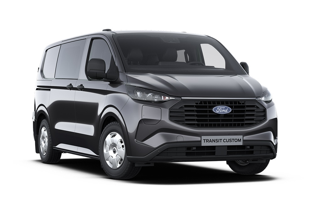 Schuin vooraanzicht links van een donkergrijze Ford Transit Custom Trend Dubbele Cabine tegen een witte achtergrond.