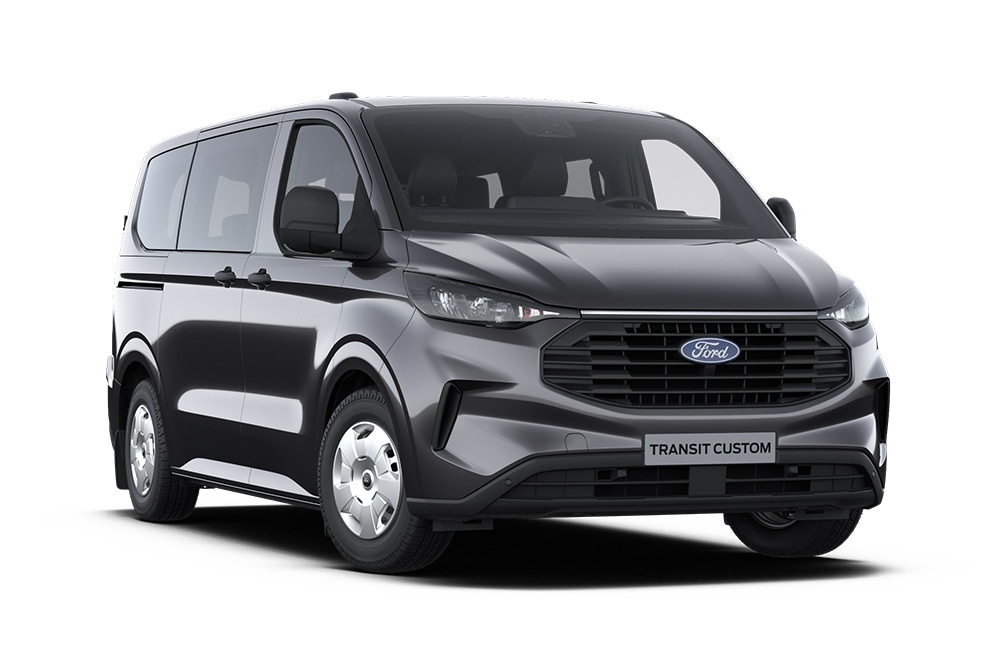 Vooraanzicht (links) van een donkergrijze Ford Transit Custom Kombi Trend tegen een witte achtergrond.