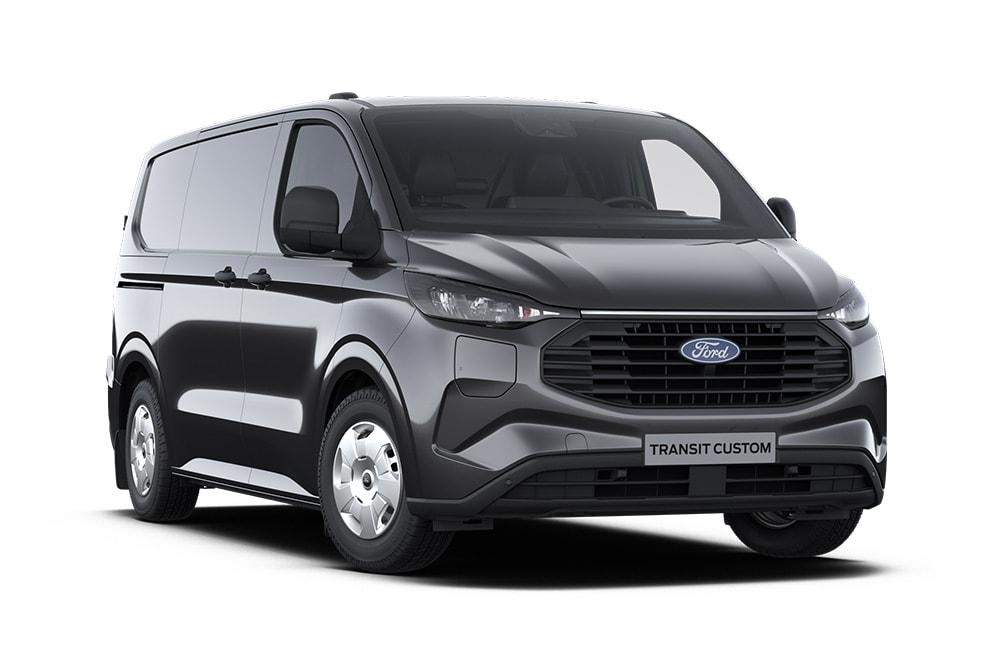 Schuin vooraanzicht (links) van een donkergrijze Ford Transit Custom PHEV Trend tegen een witte achtergrond.