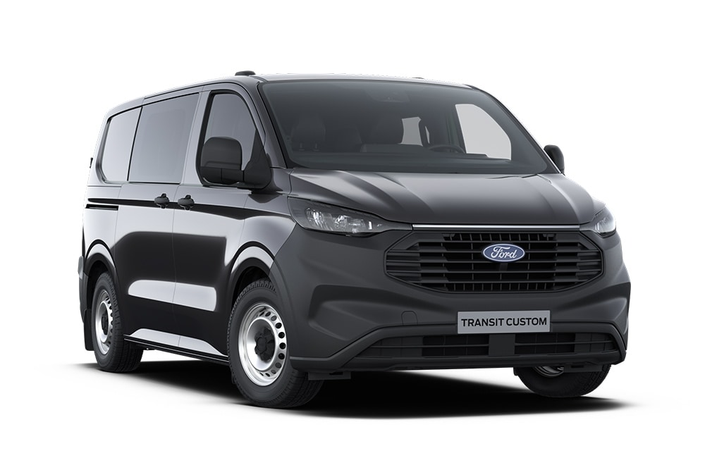 Schuin vooraanzicht links van een donkergrijze Ford Transit Custom Leader Dubbele Cabine tegen een witte achtergrond.