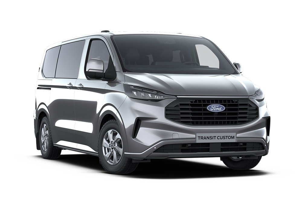 Vooraanzicht (links) van een donkergrijze Ford Transit Custom Kombi Limited tegen een witte achtergrond.