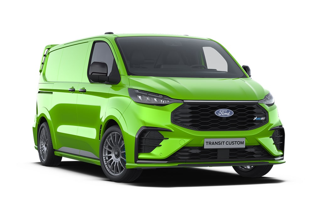 Groene Ford Transit Custom MS-RT bestelwagen.