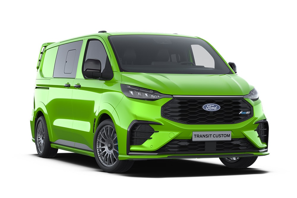 Groene Ford Transit Custom MS-RT bestelwagen met dubbele cabine.